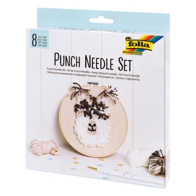 Image of Folia Fluffy Alpaca Motif, 8 Piece Complete Set with Embroidery Frame, Monk Fabric, Punching Needle, Threading aid and Wool, White Brown Tones, One Size