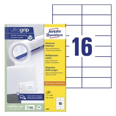 Image of Avery Zweckform 3484, Universal Labels, (A4, Matt Paper, 1,600 105 x 37 mm, 100 Sheets, White