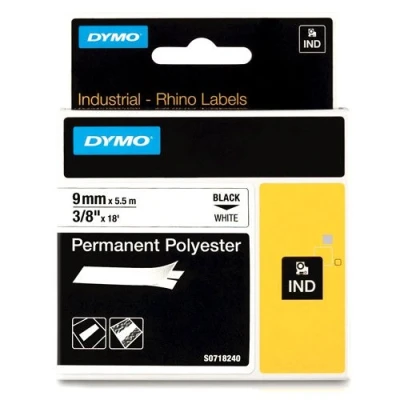 Image of DYMO Rhino Industrial Permanent Polyester Labels, 9 mm x 3.5 m, Black Print on White, Self Adhesive, for LabelManager &amp; Label Makers