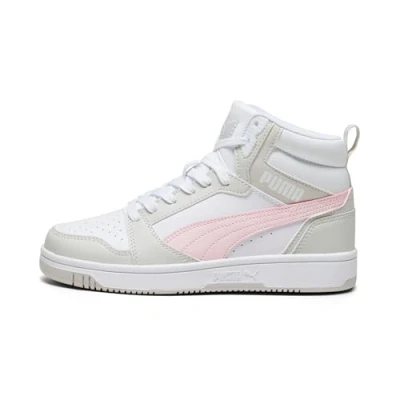 Image of Puma Unisex Kid&#039;s Rebound V6 Mid Jr Sneaker, White Frosty Pink Sedate Gray, 6 UK