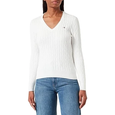 Image of GANT Cable V NECK Jumper, Women&#039;s, Size: XXS, Eggshell