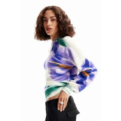 Image of Desigual Women&#039;s Woman Flat Knit Thick Gauge Jacket Polo Sweater, White, XL