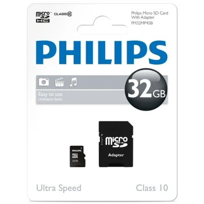 Image of Philips MicroSD memory card class 10 including SD adapter, 32GB