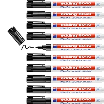 Image of edding 8040 laundry marker black box of 10 round nib 1 mm textile for labelling clothes, wash resistant at 95C pen