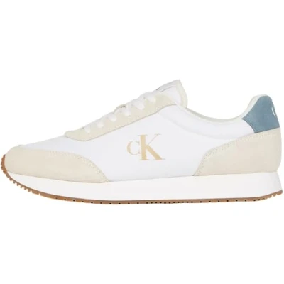 Image of Calvin Klein Jeans Retro Runner Iconic Trainers, Men&#039;s, Size: 10.5, Bright white/creamy white/lead Leather and textile