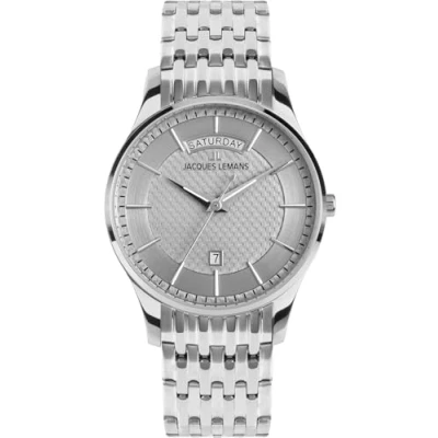 Image of JACQUES LEMANS 1 2193 Men&#039;s Watch with Leather Strap or metal London 40 mm Date Day of the Week in Various Designs, Silver / band