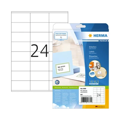 Image of HERMA Self Adhesive Address Labels, 24 Labels per A4 Sheet, 25 Sheets, 70 x 36 mm, 600 Blank Mailing Stickers, Sticky for Laser &amp; Inkjet Printer, White
