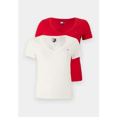 Image of Tommy Jeans V NECK TEE 2 PACK Basic Tshirt, Women&#039;s, Size: 4, Ecru/sapphire red