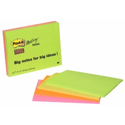 Image of Post it Super Sticky Large Notes, Pack of 4 Pads, 45 Sheets per Pad, 152 mm x 101 mm, Green, Yellow, Orange, Pink Colors Extra Notes For Note Taking, To Do Lists &amp; Reminders
