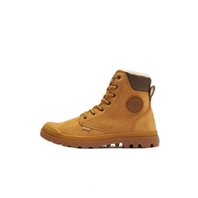 Image of Palladium Pampa Sport Cuff Shearling Waterproof Unisex High Sneakers Nubuck Leather and Sealed Seams Notched Sole, Military Look, Yellow, 47 EU