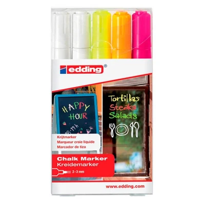 Image of edding 4095 Chalk Marker Set White, Yellow, Orange, Pink (Neon) 5 Pens Bullet Tip 2 3 mm Pen for Blackboard, Wipeable Windows, Glass, Mirrors Blackboard with Opaque