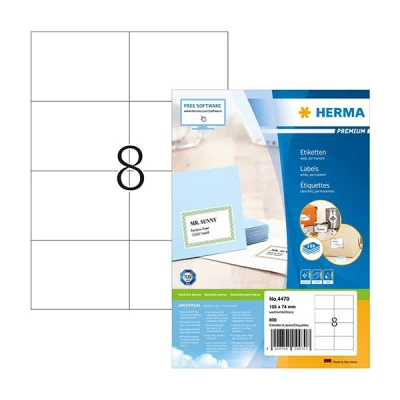 Image of HERMA Self Adhesive Shipping Labels, 8 Labels per A4 Sheet, 100 Sheets, 105 x 74 mm, 800 Blank Parcel Stickers, Sticky for Laser &amp; Inkjet Printer, White