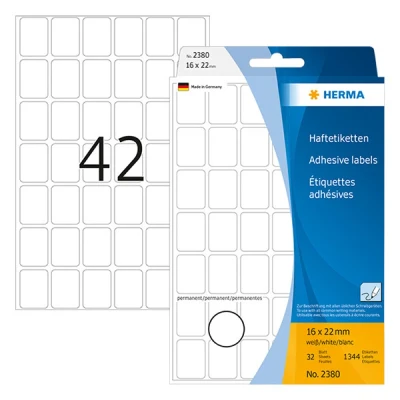 Image of HERMA Multi Purpose Labels, 42 Labels per Sheet, 32 Sheets, 16 x 22 mm, 1344 Self Adhesive Small Stickers, Blank Sticky for Office Kitchen Home, White