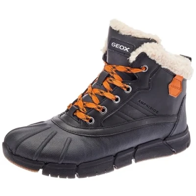 Image of Geox J Flexyper BOY B ABX Laceup ankle boots for kids, Size: 3, Black/orange Synthetics/textile