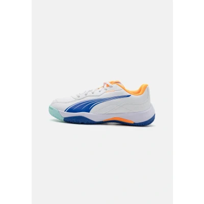 Image of Puma NOVA Smash JR Unisex Handball shoes for kids, Size: 1.5, White/vivid blue/safe lake/heat fire High quality imitation leather