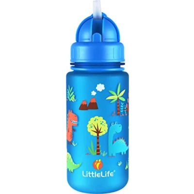 Image of Children&#039;s Water Bottle With Easy Access Lid &amp; Straw, 400ml, Blue Dinosaurs