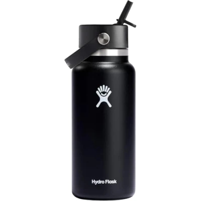 Image of HYDRO FLASK Water Bottle 946 ml (32 oz) Vacuum Insulated Stainless Steel with Flex Straw Cap BPA Free Wide Mouth Black