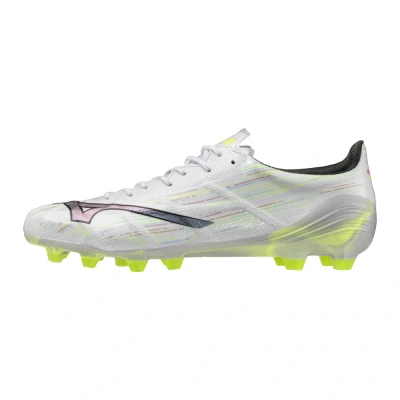 Image of Mizuno Alpha II Elite Unisex Moulded stud football boots, Size: 7, White/black iridescent/black Synthetics