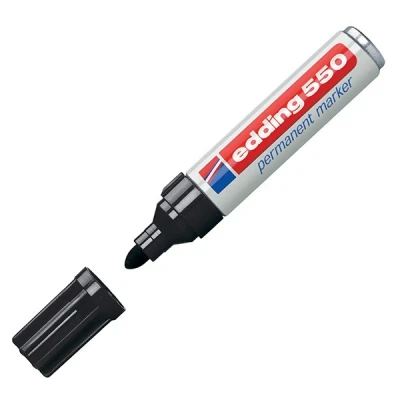 Image of edding 550 permanent marker black 10 pens round tip 3 4 mm waterproof, quick drying, smear proof for cardboard, plastic, wood, metal, glass and fabric