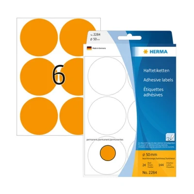 Image of HERMA Dot Stickers Luminous Orange, 144 Labels, Ø 50 mm, 6 Labels per Sheet, Self Adhesive Round Colour Stickers, Blank Marking Dots, Sticky Circle for Color Coding Calendar