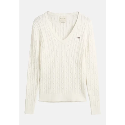 Image of GANT Stretch Cable Vneck Jumper, Women&#039;s, Size: XS, Eggshell