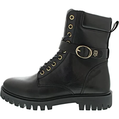 Image of Tommy Hilfiger Women&#039;s Buckle Lace Up Boot Fw0fw06734 Low, Black, 3.5 UK