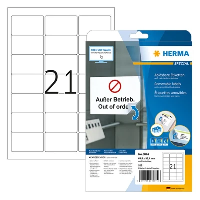 Image of HERMA Self Adhesive Removable Labels, 21 Labels per A4 Sheet, 25 Sheets, 63.5 x 38.1 mm, 525 Blank Multipurpose Stickers, Sticky for Laser &amp; Inkjet Printer, White