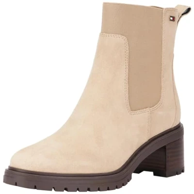 Image of Tommy Hilfiger FLAG MID HEEL Chelsea Platform ankle boots, Women&#039;s, Size: 6.5, Beige Suede