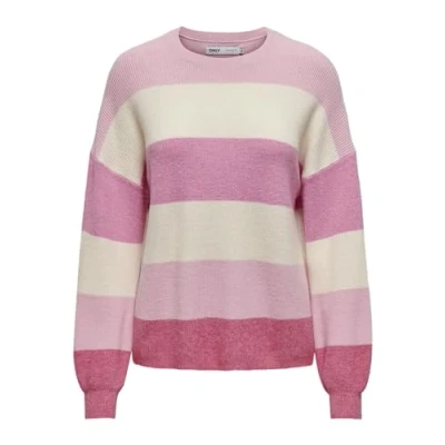 Image of ONLY Women&#039;s Onlatia KNT Noos L/S Stripe Pullover Sweater, Pink Lady/Stripes: W. Jetstream/Moonlight/Pink Yarrow, XS