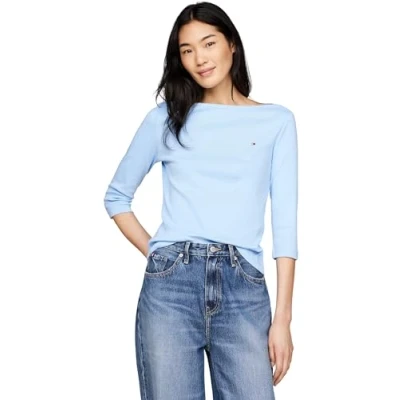 Image of Tommy Hilfiger Women&#039;s Long Sleeve Slim Fit Boat Neck Top, Vessel Blue, XXS