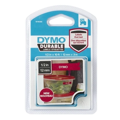 Image of DYMO Original D1 High Performance Label tape white on red 12 mm x 3 m permanent adhesive vinyl for LabelManager Printer