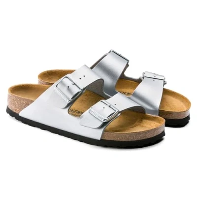Image of Birkenstock Arizona BF Narrow Slippers, Women&#039;s, Size: 4.5, Silver High quality imitation leather