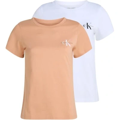 Image of Calvin Klein Jeans Monologo SLIM TEE 2 PACK Basic Tshirt, Women&#039;s, Size: Medium, Dusty coral/brilliant white