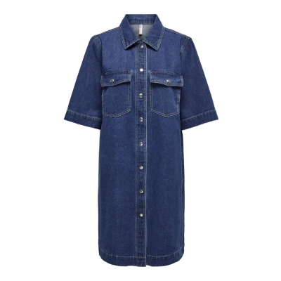 Image of ONLY Onlbelle Button denim dress, Women&#039;s, Size: Small, Dark blue