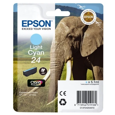 Image of Epson 24 Light Cyan Elephant Genuine, Claria Photo HD Ink Cartridge, Standard Capacity