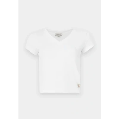 Image of Calvin Klein Jeans Woven Label V NECK TEE Basic Tshirt, Women&#039;s, Size: XXL, Brilliant white