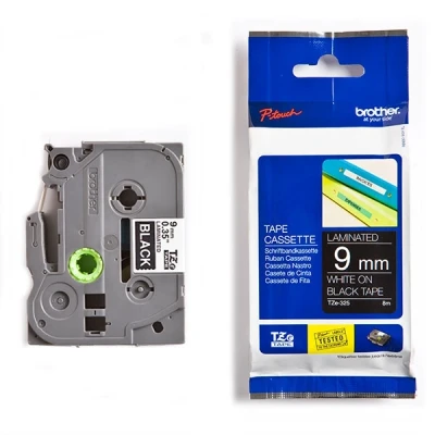 Image of Brother TZe 325 Labelling Tape Cassette, 9 mm (W) x 8 m (L), Laminated, Genuine Supplies White on Black