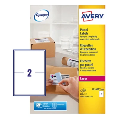 Image of Avery L7168B Self Adhesive Parcel Labels, Laser Printers, 2 Labels Per A4 Sheet, 200 BlockOut