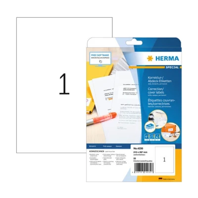 Image of HERMA Self Adhesive Correction Labels, 1 Label per A4 Sheet, 25 Sheets, 210 x 297 mm, Blank Opaque Labels Stickers, Sticky for Laser &amp; Inkjet Printer, White