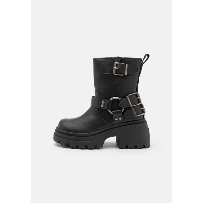 Image of Buffalo Bravr Biker Black Leather Ankle Boots, Black, 5 UK