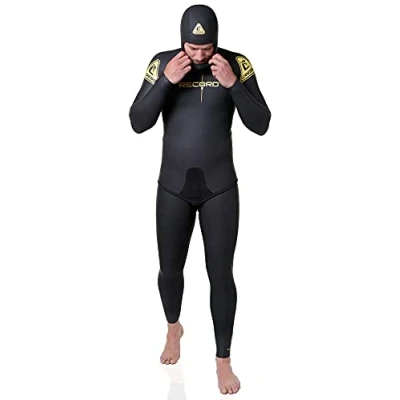 Image of Cressi Men&#039;s Vintage Record Lim. Ed. Man 3 piece wetsuit jacket hood pants in 5mm neoprene for freediving and fishing, Black, S UK
