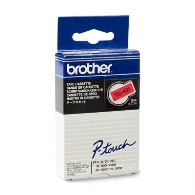 Image of Brother TC 491 Labelling Tape Cassette, Black on Red, 9 mm (W) x 7.7M (L), Laminated, Genuine Supplies