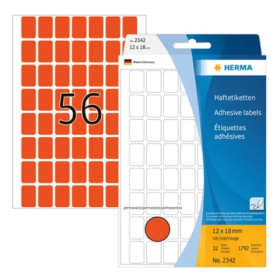 Image of HERMA Multi Purpose Labels, 56 Labels per Sheet, 32 Sheets, 12 x 18 mm, 1792 Self Adhesive Mini Stickers, Blank Sticky for Office Kitchen Home, Red