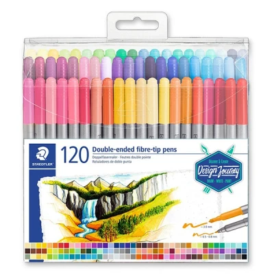 Image of STAEDTLER 3200 TB120 Design Journey Double Ended Fibre Tip Pens with Thin &amp; Wide Nibs Assorted Colours (Pack of 120)