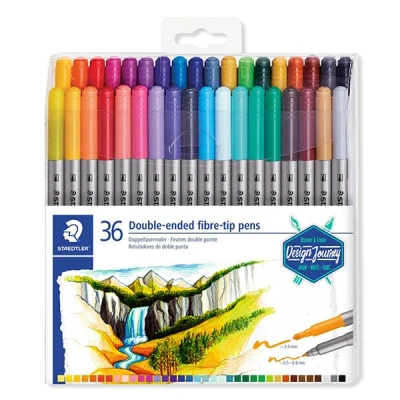 Image of STAEDTLER 3200 TB36 Design Journey Double Ended Fibre Tip Pens with Thin &amp; Wide Nibs Assorted Colours (Pack of 36)