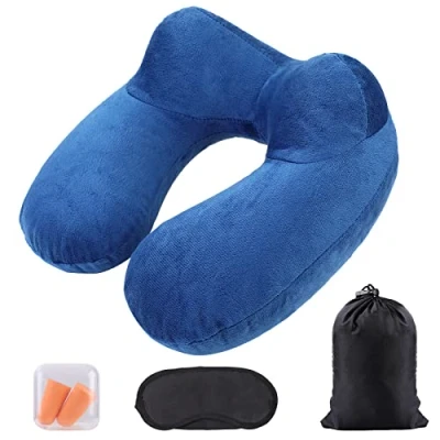 Image of AiQInu Inflatable Neck Pillow, Travel Pillow for Airplane, Adjustable and Compact with Washable Pillowcase, Cars Train Office Home, Blue, L