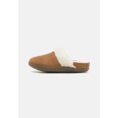 Image of Sorel Nakiska Slide II Mules, Women&#039;s, Size: 4, Camel brown/naturel Leather and textile