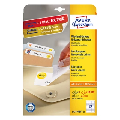 Image of Avery L4737REV 25 Self Adhesive Removable Labels, 27 Labels Per A4 Sheet, White, 635x296 mm