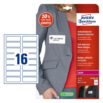 Image of Avery Zweckform L4783 Name Badge Labels, 20 Sheets/320 Labels/88.9 x 31 mm, White