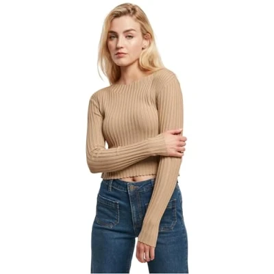 Image of Urban Classics Women&#039;s Ladies Short Rib Knit Twisted Back Sweater Sweatshirt, Unionbeige, XXL